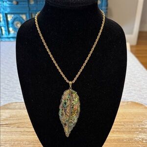 Vintage Gold Tone Abalone Leaf Pendant Statement Necklace